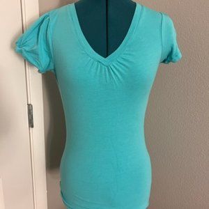 Turquoise T-Shirt With Gathered Sleeves & Chest - Sz S